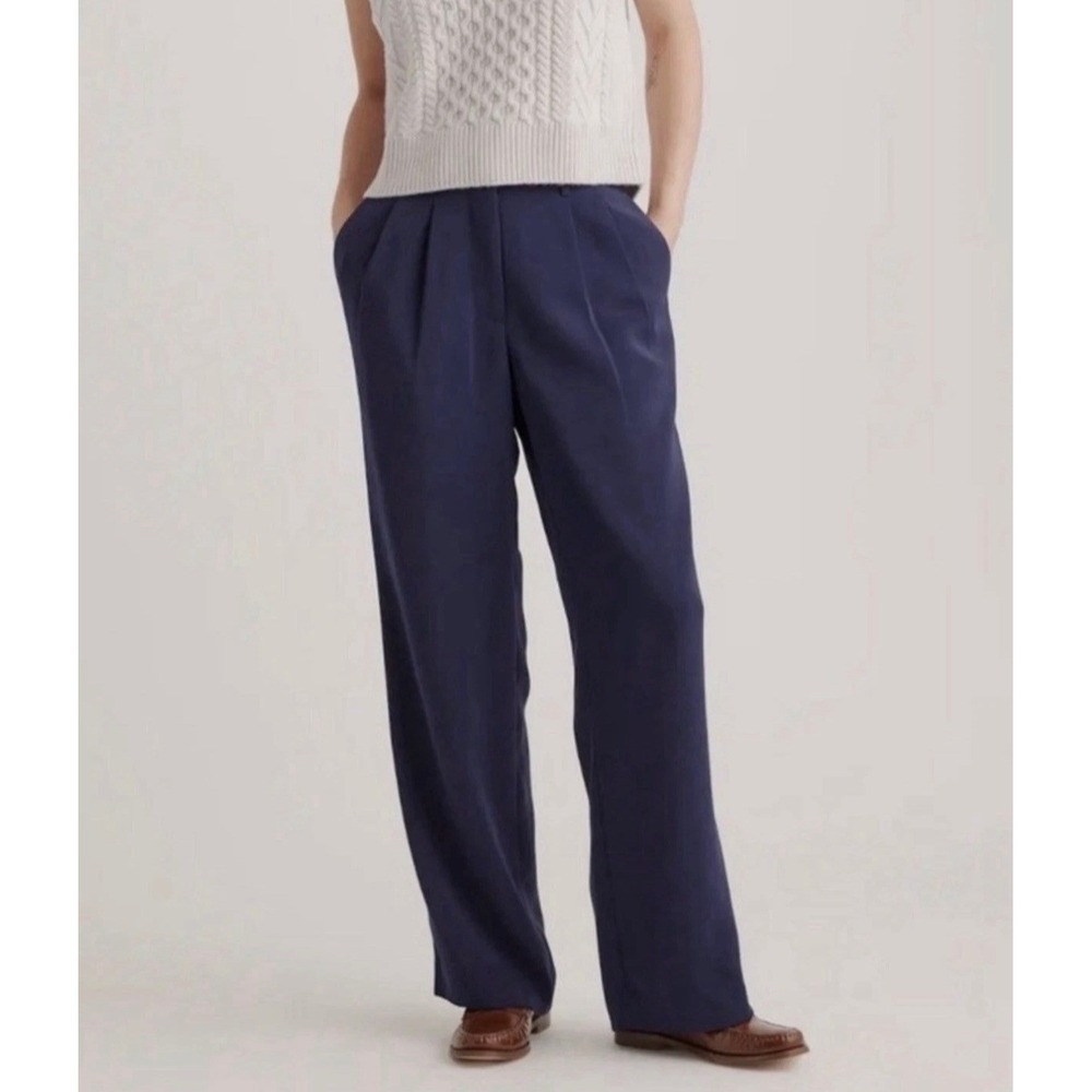 Quince Navy Stretch Crepe Pleated Wide Leg Pant Size 12 NWT Capsule Professional